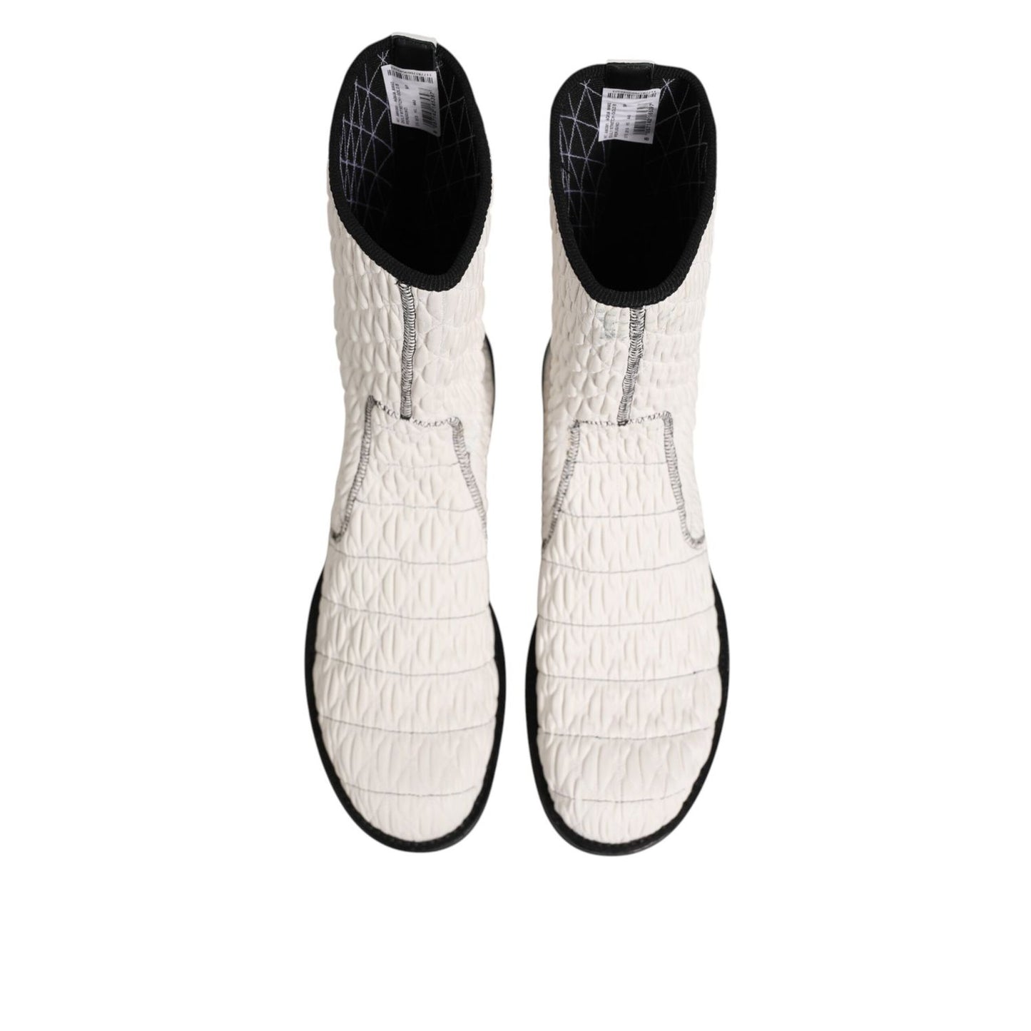 Dolce & Gabbana White Lambskin Leather Mid Calf Boots Shoes with quilted design, top view displaying luxury footwear style.