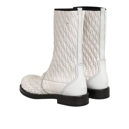Dolce & Gabbana White Lambskin Leather Mid Calf Boots Shoes with quilted design and black sole, rear view showcasing elegant craftsmanship.