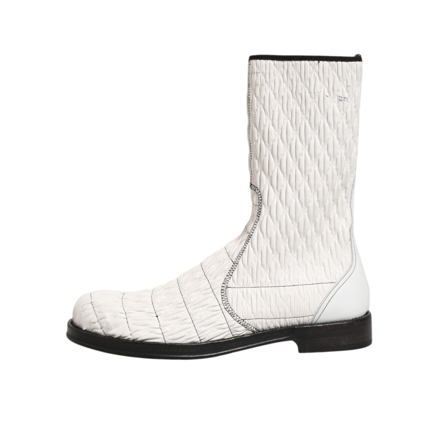 Side view of Dolce & Gabbana White Lambskin Leather Mid Calf Boots Shoes with a sleek, structured silhouette and detailed stitching.