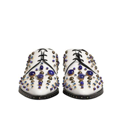 Dolce & Gabbana White Leather Crystals Embellished Dress Shoes with multicolor gems, elegant formal footwear, front view