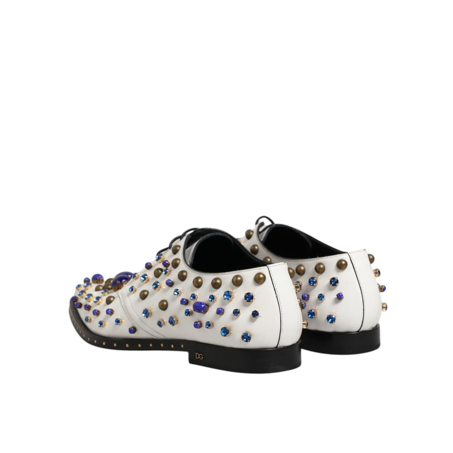 Dolce & Gabbana White Leather Crystals Embellished Dress Shoes, featuring multicolor crystal embellishments and premium leather craftsmanship.
