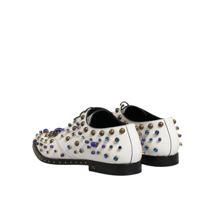 Dolce & Gabbana White Leather Crystals Embellished Dress Shoes, featuring multicolor crystal embellishments and premium leather craftsmanship.