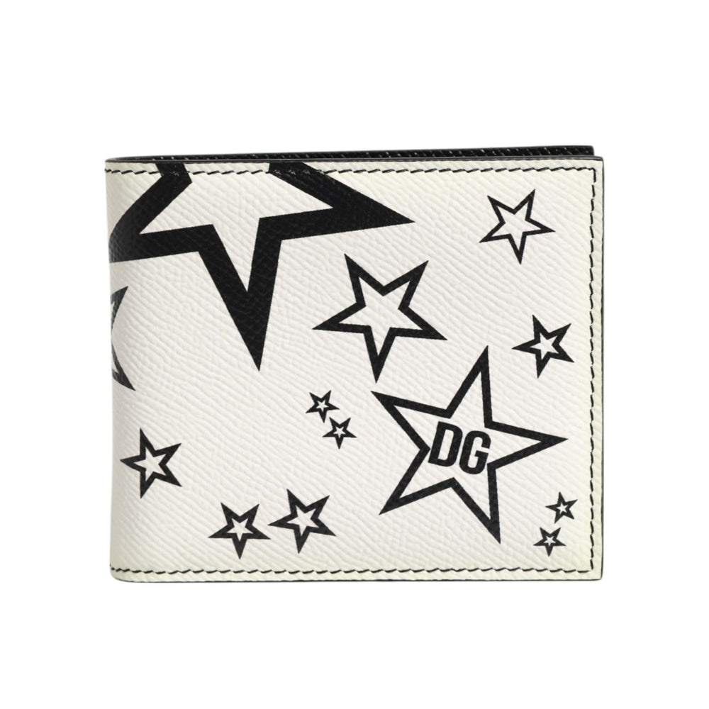Dolce & Gabbana White Leather DG Star Logo Bifold Men Card Holder Wallet showcasing star design and DG logo on white leather.