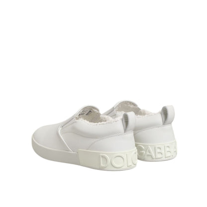 Dolce & Gabbana White Leather Low Top Slip On Sneakers Shoes featuring brand logo on rubber sole, elegant design, and comfort fit.