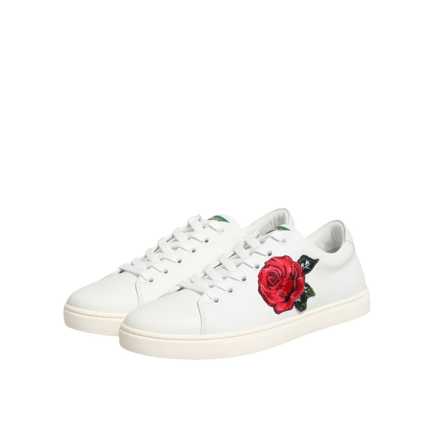 Dolce & Gabbana White Leather Rose Embroidery Low-Top  Shoes