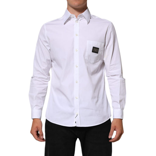 Dolce & Gabbana White Logo Plaque Collared Formal Dress Shirt with long sleeves, ideal for business and upscale occasions.