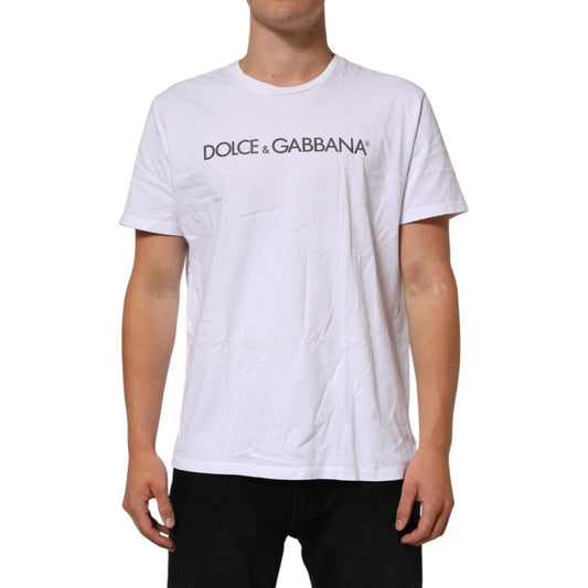 Man wearing Dolce & Gabbana White Logo Print Cotton Crew Neck T-shirt, showcasing classic style and premium fabric.