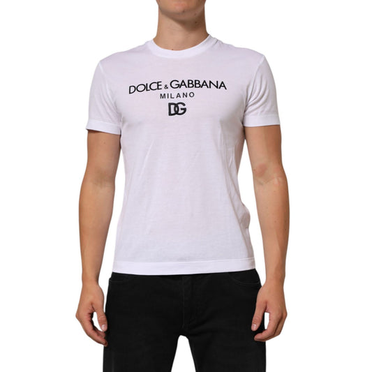 Dolce & Gabbana White Logo Print Cotton Men Crew Neck T-shirt displayed on a model, featuring a bold D&G logo and short sleeves.
