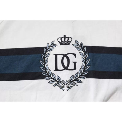 Close-up of Dolce & Gabbana White Logo Print Cotton Men Crew Neck T-shirt showing DG emblem and crown design on white cotton fabric.