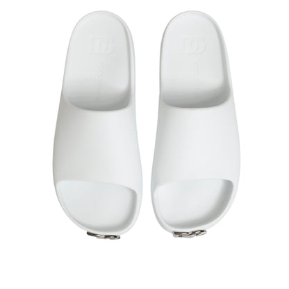 Dolce & Gabbana White Logo Slides Sandals Men Beachwear Shoes with rubber sole displayed top view.