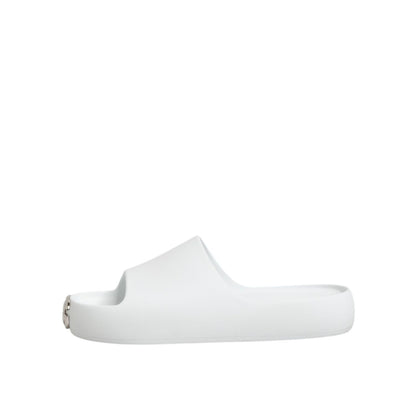 Dolce & Gabbana White Logo Slides Sandals Men Beachwear Shoes with rubber sole and molded footbed, perfect for casual looks.