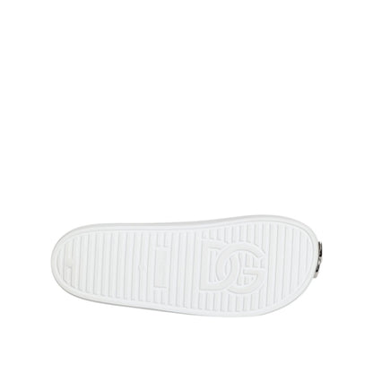 Dolce & Gabbana White Logo Slides Sandals Men Beachwear Shoes showing bottom view with signature logo on sole.