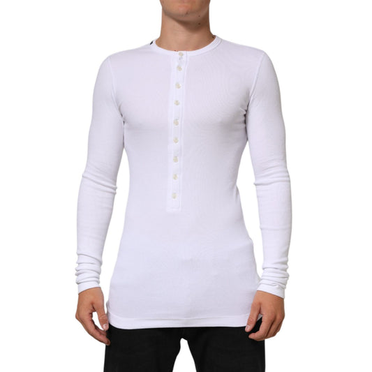 Dolce & Gabbana White Long Sleeves Button Closure T-shirt on model, showcasing front button-up detail and sleek design.