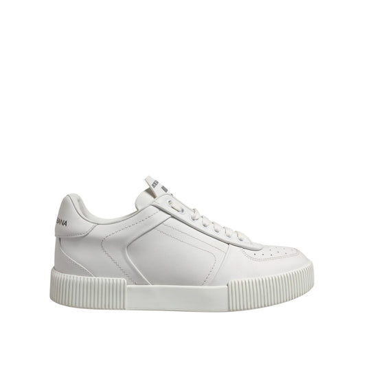 Dolce & Gabbana White Miami Leather Low Top Sneakers Men Shoes with graffiti logo, premium calf leather, Italian made, rubber sole.
