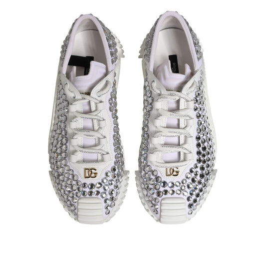 Dolce & Gabbana White NS1 Canvas Leather Embellished Sneakers Shoes with rhinestone details, luxury fashion items.