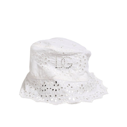 Dolce & Gabbana White Nylon Cut Out Bucket Logo Capello Hat featuring cut-out logo and lace details, perfect for streetwear style.