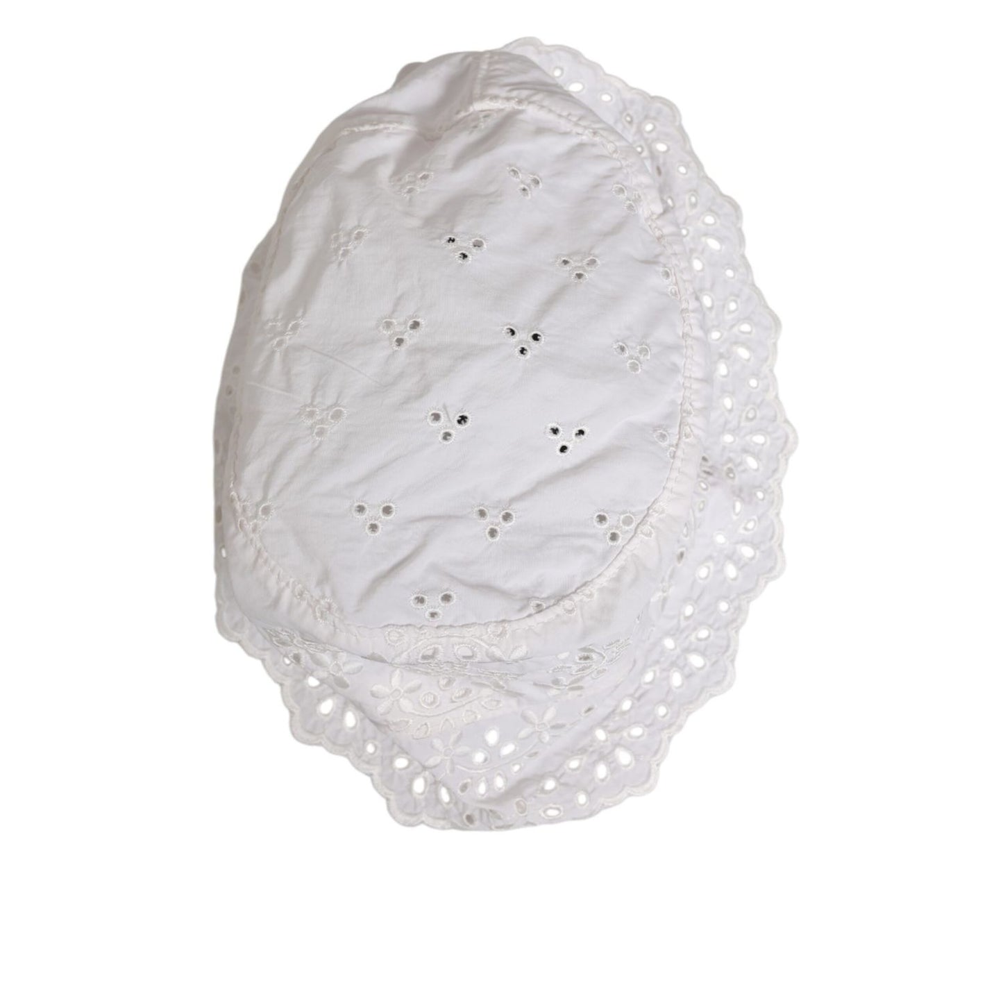 Dolce & Gabbana White Nylon Cut Out Bucket Logo Capello Hat featuring elegant cut-out design on top view with lace border.