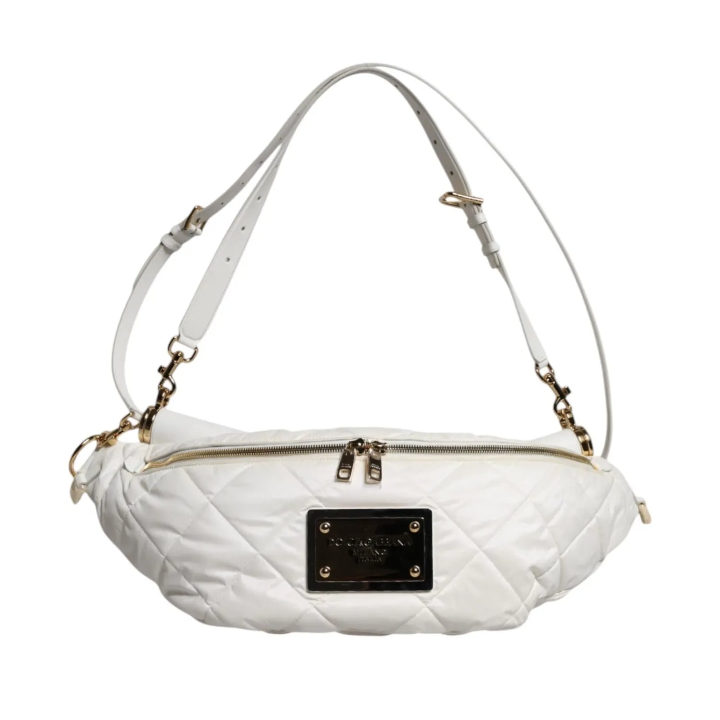 Dolce & Gabbana White Quilted Logo 90's Sicily Belt Waist Fanny Pack Bag with gold-tone hardware and adjustable strap.