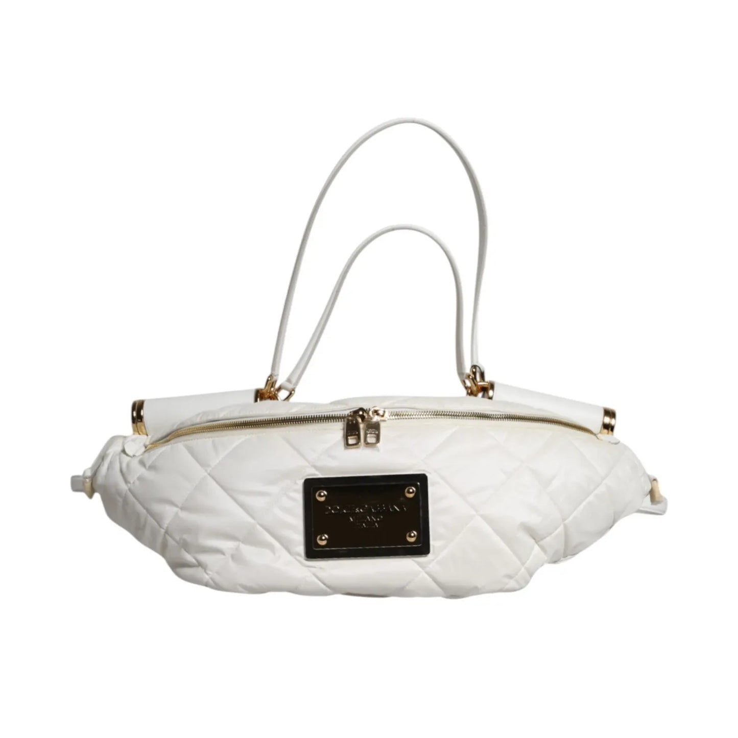 Dolce & Gabbana White Quilted Logo 90's Sicily Belt Waist Fanny Pack Bag with gold-tone hardware and adjustable strap.
