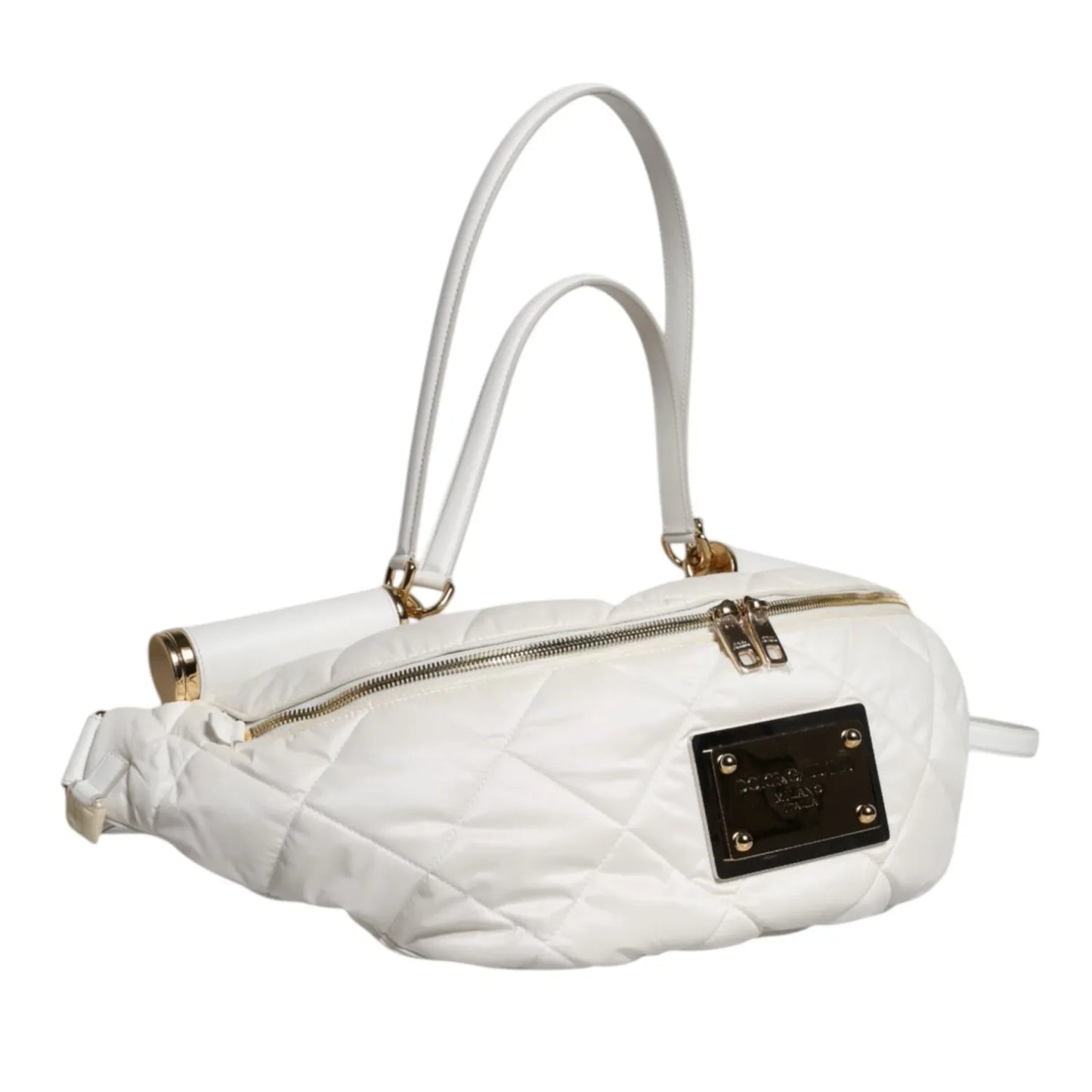 Dolce & Gabbana White Quilted Logo 90's Sicily Belt Waist Fanny Pack Bag with gold-tone hardware and adjustable strap
