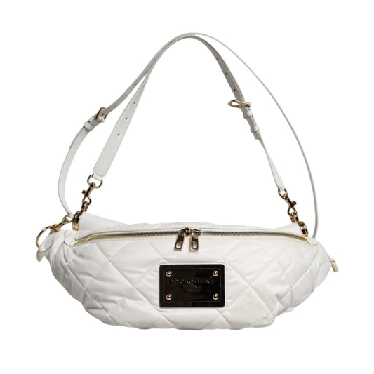 Dolce & Gabbana White Quilted Logo 90's Sicily Belt Waist Fanny Pack Bag with gold-tone logo plaque and adjustable strap.
