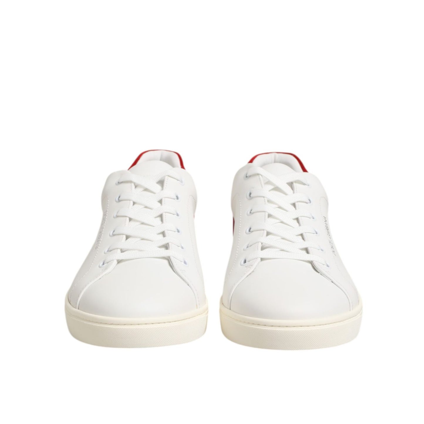 Dolce & Gabbana White Red Leather Low Top Men Sneakers Shoes with lace-up closure and durable rubber sole, front view. Shop sporty designer style.