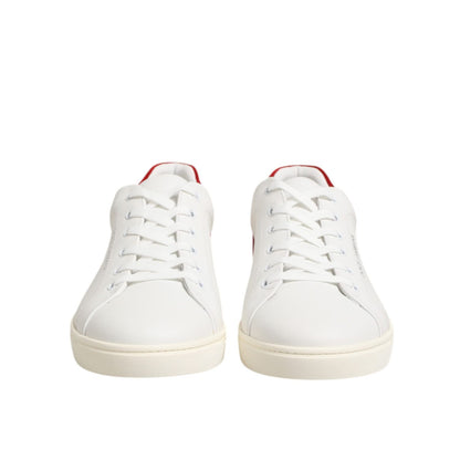 Dolce & Gabbana White Red Leather Low Top Men Sneakers Shoes with lace-up closure and durable rubber sole, front view. Shop sporty designer style.