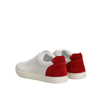 Dolce & Gabbana White Red Leather Low Top Men Sneakers Shoes with bold red accents and rubber sole.