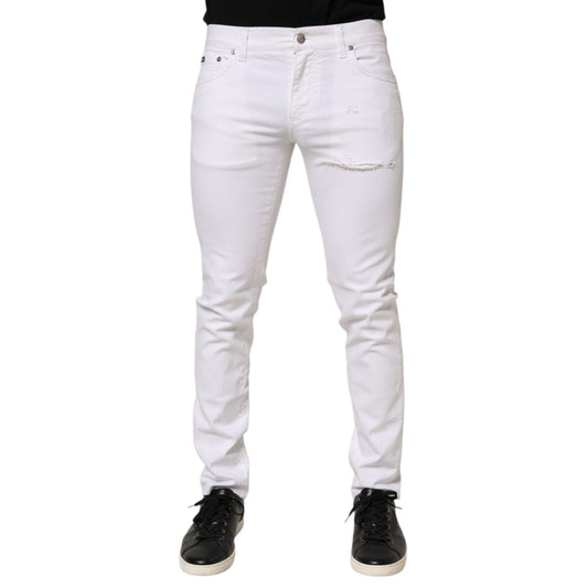Dolce & Gabbana White Ripped Cotton Skinny Men Denim Jeans, five-pocket design, premium cotton, stylish modern fit.