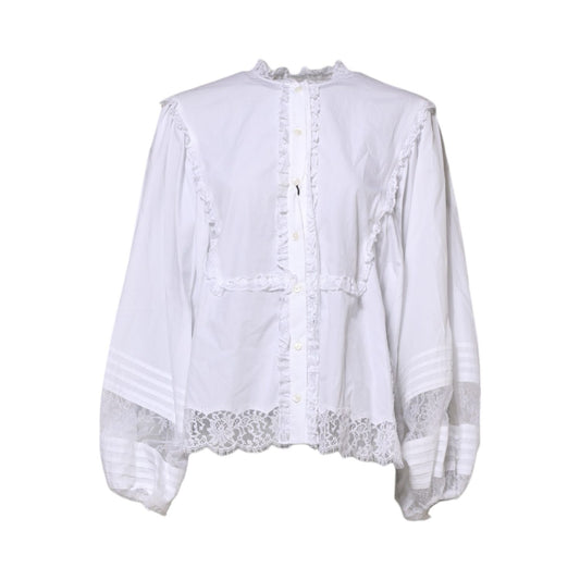Dolce & Gabbana White Ruffled Lace Embellished Blouse Top with long sleeves and intricate detailing, elegant craftsmanship, Italy made.
