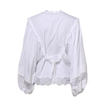 Dolce & Gabbana White Ruffled Lace Embellished Blouse Top with long sleeves and detailed craftsmanship, back view.