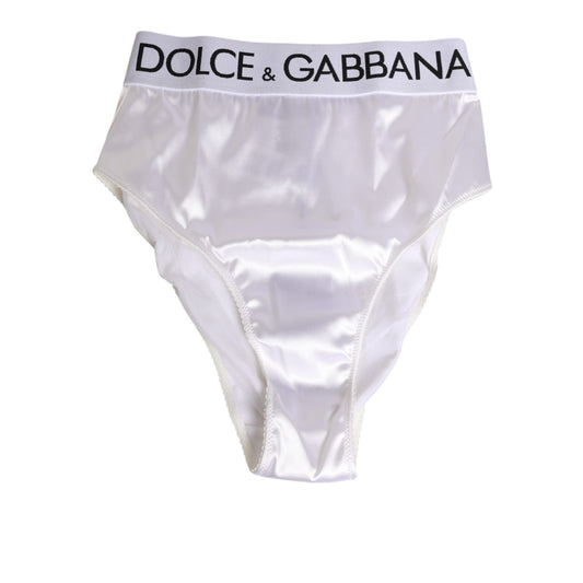 Dolce & Gabbana White Satin High-Waist Brief Logo Women Underwear featuring elegant satin finish and logo waistband.