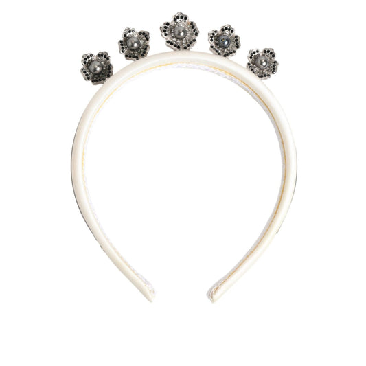 Dolce & Gabbana White Satin Palladium Silver Floral Crown Tiara Headband with pearls and crystals, perfect for elegant occasions.