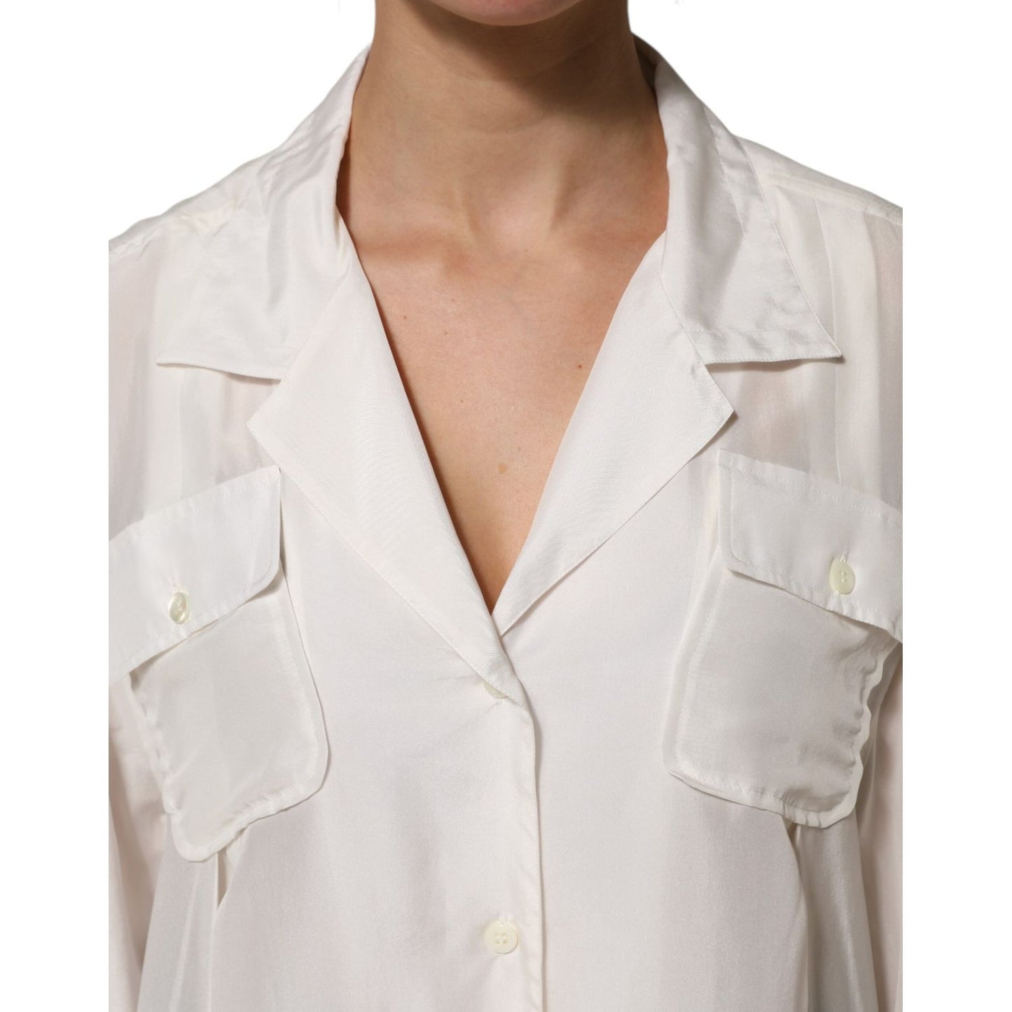 Dolce & Gabbana White Silk Collared 3/4 Sleeves Blouse Top
