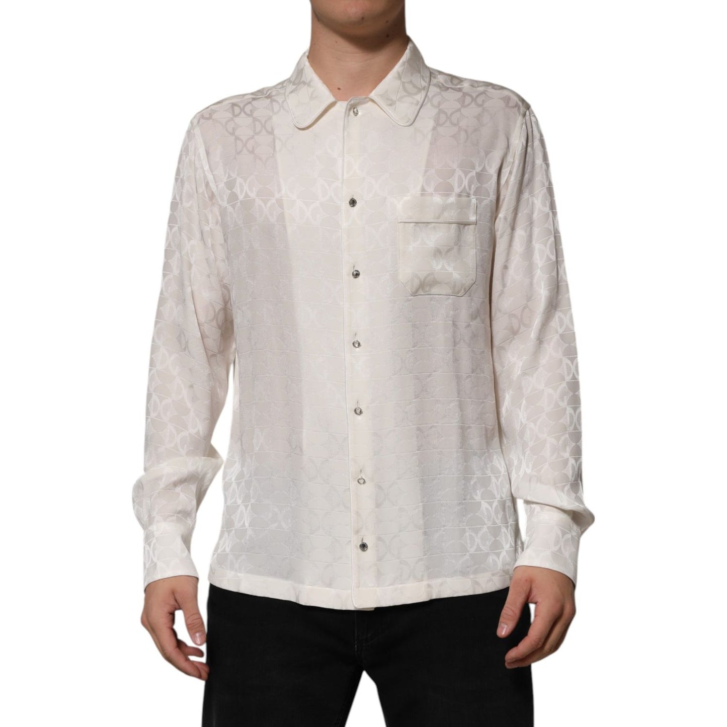 Dolce & Gabbana White Silk DG Logo Print Long Sleeves Shirt on mannequin