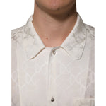 Dolce & Gabbana White Silk DG Logo Print Long Sleeves Shirt close-up showing collar and button details.