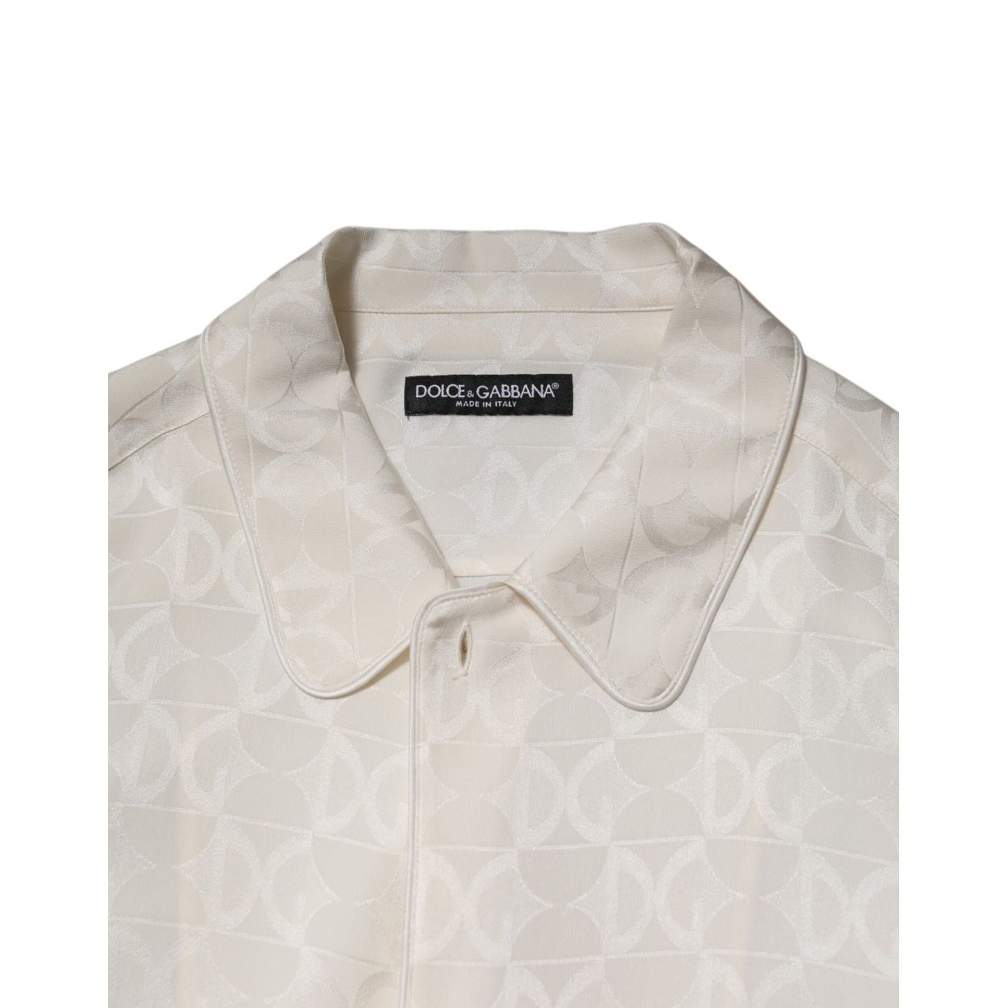Dolce & Gabbana White Silk DG Logo Print Long Sleeves Shirt with classic collar and button-down front, crafted in Italy.