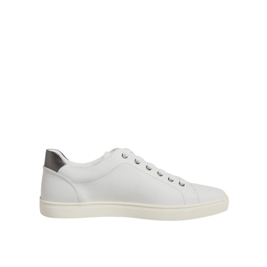 Dolce & Gabbana White Silver Sacred Heart Men Sneakers Shoes with white leather upper and metallic accents.