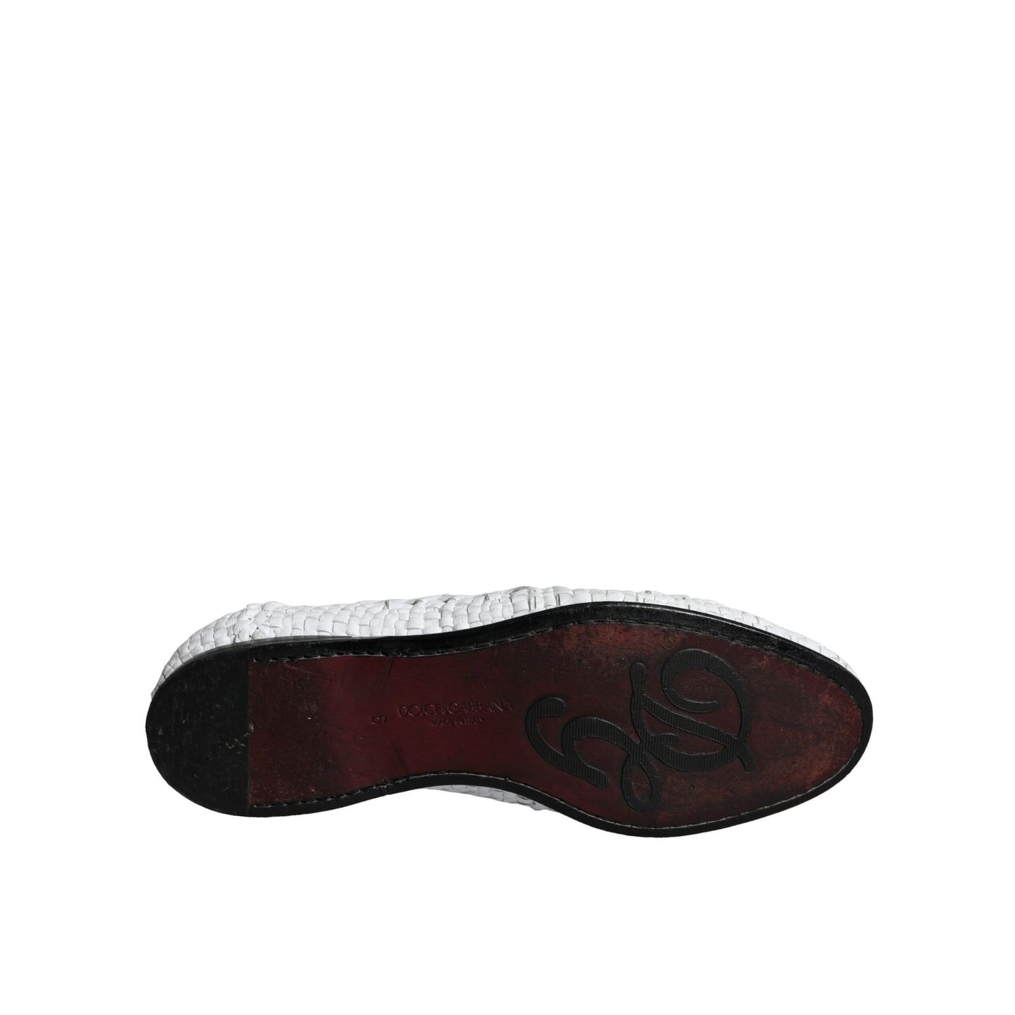 Sole view of Dolce & Gabbana White Woven Leather Slip On Loafers Men Shoes, showcasing logo and craftsmanship.