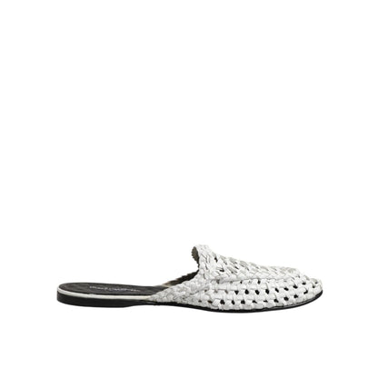 Dolce & Gabbana White Woven Slides MULES Men Sandals Shoes, slip-on with open-toe design and leather sole, perfect for casual chic looks.