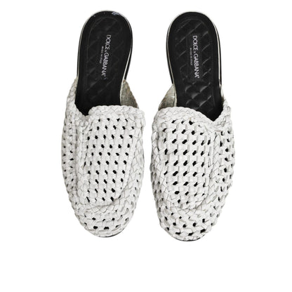 Dolce & Gabbana White Woven Slides MULES Men Sandals Shoes with open-toe design and woven pattern, made from goat and calf leather.