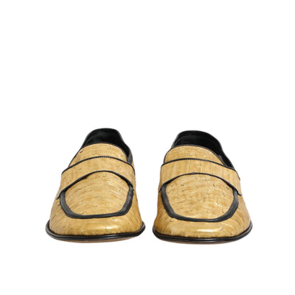 Dolce & Gabbana Yellow Black Leather Slip On Loafers Shoes, luxury Italian footwear, premium ostrich and calf leather, fashion forward design.