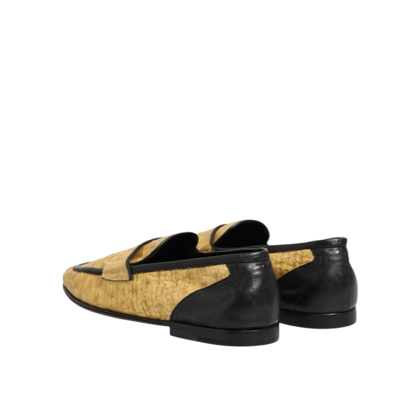 Dolce & Gabbana Yellow Black Leather Slip On Loafers Shoes, luxury ostrich-calf blend, Italian craftsmanship, back view.