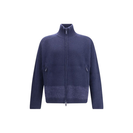 Dsquared² Blue Wool Cardigan featuring ribbed knit, high collar, double-slider front zipper, and mohair band accents for AW25.