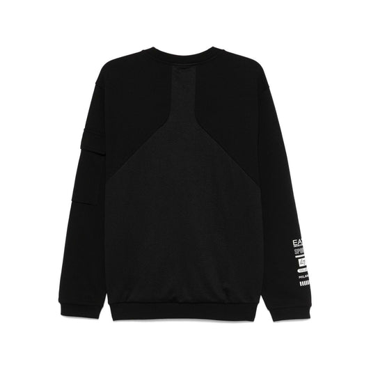 EA7 Sweaters Black, crewneck sweatshirt with mesh panelling, ribbed cuffs and hem, flap pocket, logo design, cotton, back view.