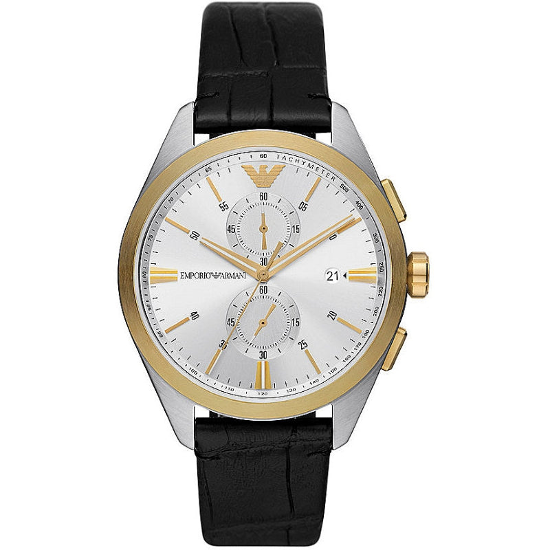 EMPORIO ARMANI MOD. AR11498 gent's watch with stainless steel case, mineral dial, 5 ATM water resistance, and leather strap.