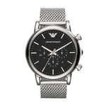 EMPORIO ARMANI MOD. AR1808 gent's stainless steel chronograph watch with quartz movement, mineral dial, and 5 ATM water resistance.