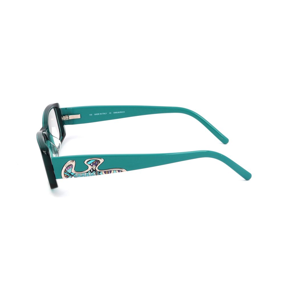Emilio Pucci Black Plastic Frames side view with turquoise temples, featuring detailed design, measures 50/15/135 mm.
