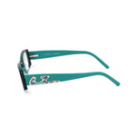 Emilio Pucci Black Plastic Frames side view with turquoise temples, featuring detailed design, measures 50/15/135 mm.