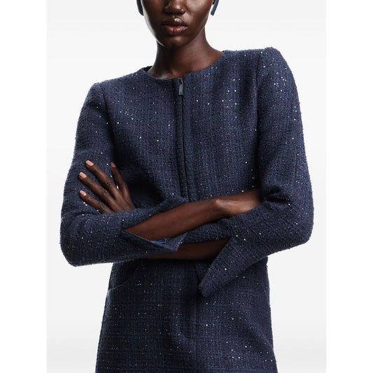 Emporio Armani Jackets Blue with navy blue sequin embellishment, tweed texture, front zip fastening, long sleeves, slit cuffs.